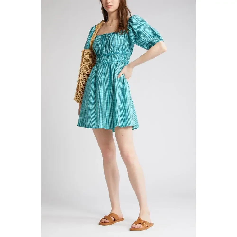 Rails Brenda Check Plaid Cotton Blend Minidress Augusta Size M NWOT Teal Blue
